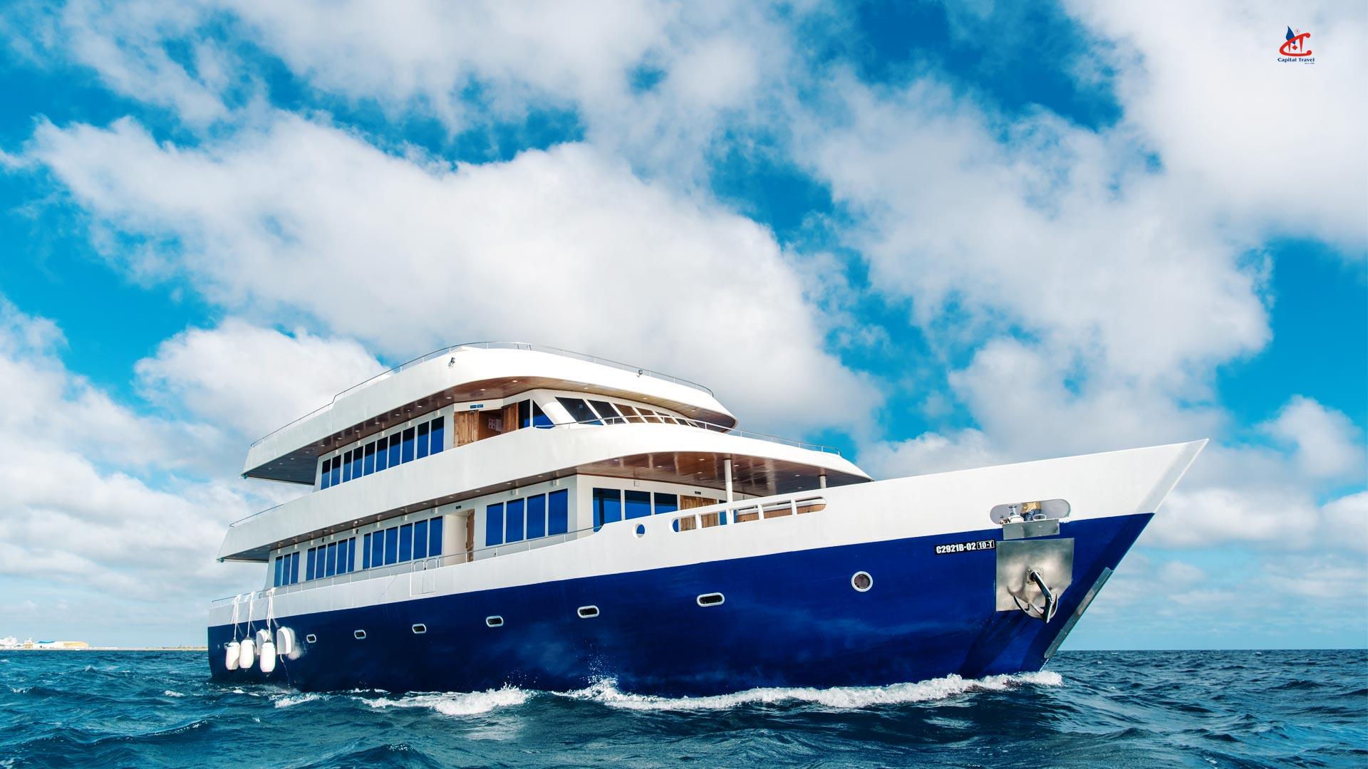 MV Explorer cruising the Maldives atolls